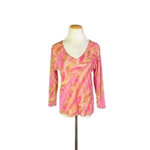 Y2K Therapy Size XL Sheer Mesh V-Neck Top Pink Tan Print 3/4 Sleeves Stretchy